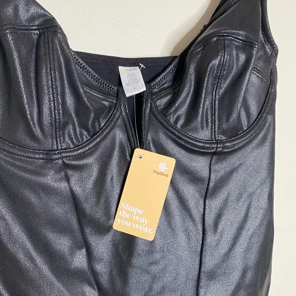 POPILUSH Shapewear Black Faux Leather Plunging V Sculpting Corset Bodysuit Large - Picture 6 of 9
